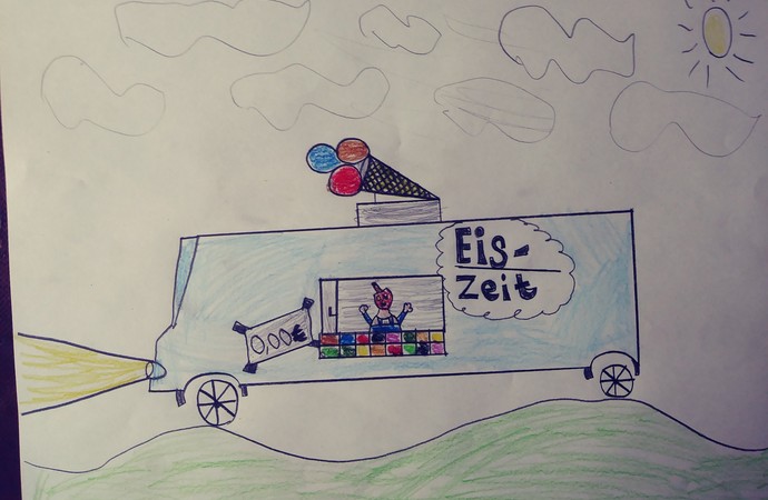 Anton hat ein Bild vom Eiswagen gemalt.
